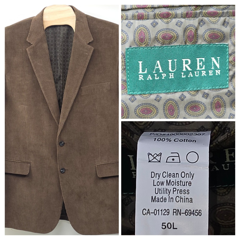 Lauren Ralph Lauren Men's 50L Brown Corduroy Blazer Paisley Lined Two-Button